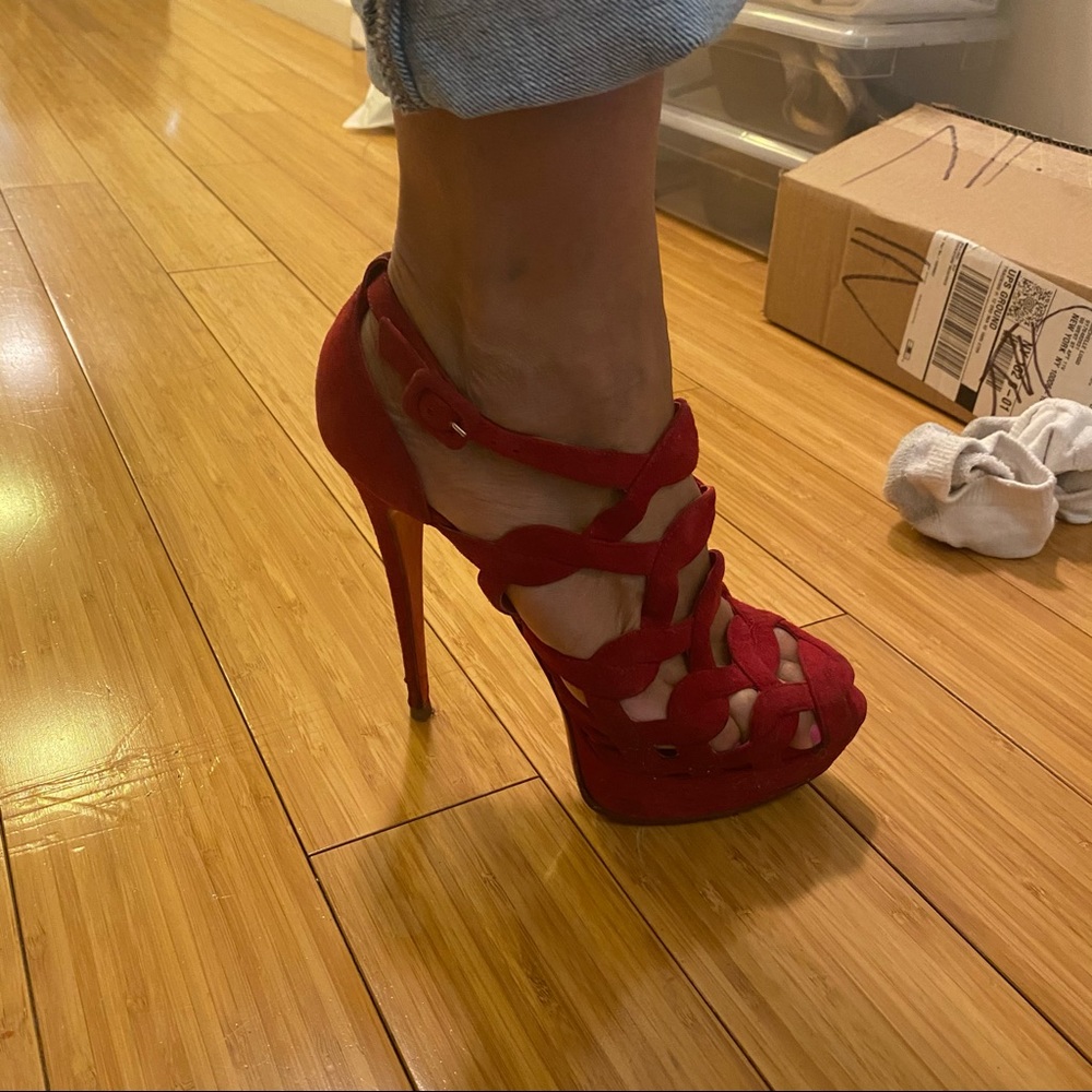 Christian Louboutin red suede strapped heels